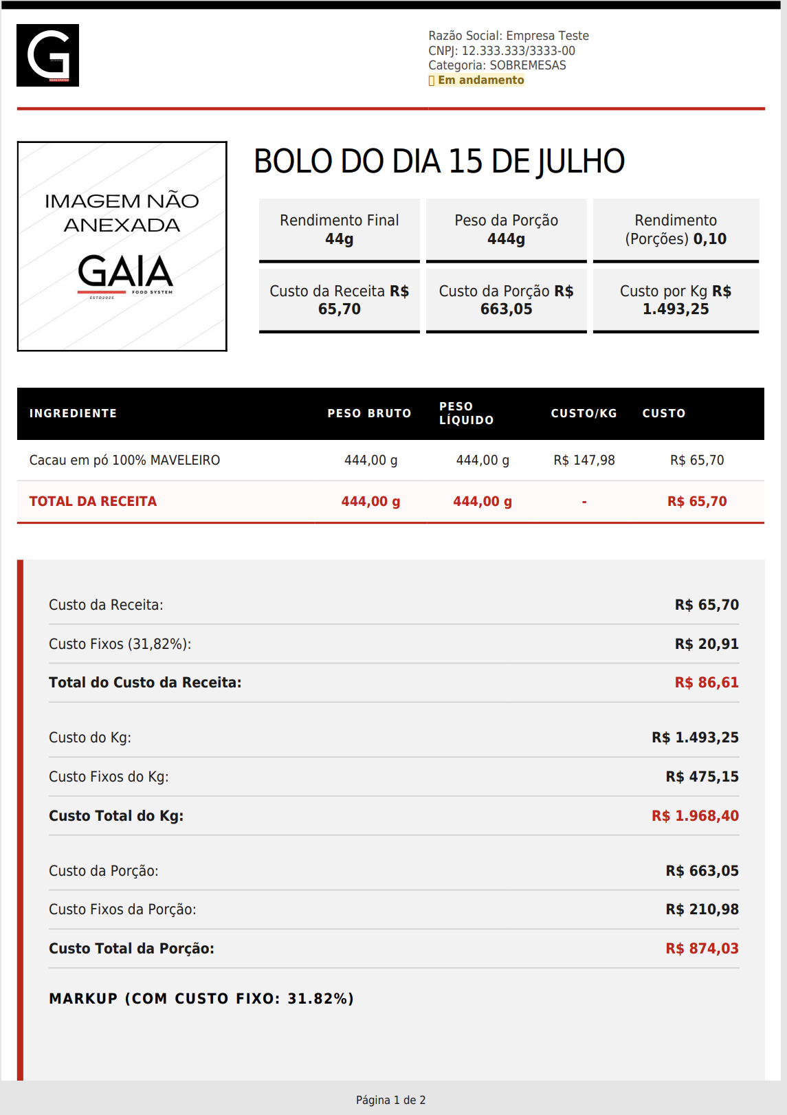 Tela de ficha técnica do GAIA com dados de receita, ingredientes, custos e preparo